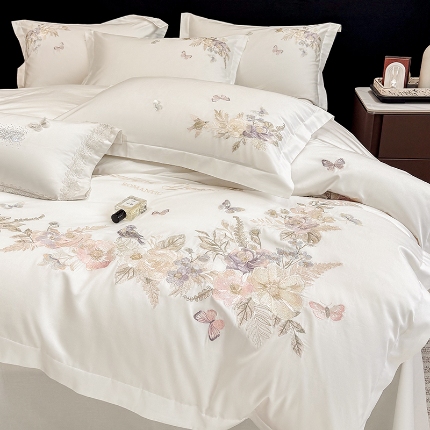 春夏新品高档礼盒装50*50S贡缎长绒棉刺绣花四件套100%纯棉全棉床单床笠款量大价优 米月白-花莳-A类长绒棉高级床品