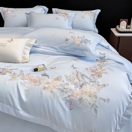 春夏新品高档礼盒装50*50S贡缎长绒棉刺绣花四件套100%纯棉全棉床单床笠款量大价优 蒂芙尼蓝-花莳-A类长绒棉高级床品