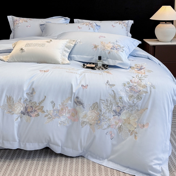 91家纺网 家纺一手货源 找家纺 春夏新品高档礼盒装50*50S贡缎长绒棉刺绣花四件套100%纯棉全棉床单床笠款量大价优 蒂芙尼蓝-花莳-A类长绒棉高级床品