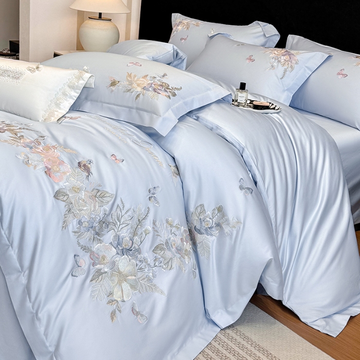 91家纺网 家纺一手货源 找家纺 春夏新品高档礼盒装50*50S贡缎长绒棉刺绣花四件套100%纯棉全棉床单床笠款量大价优 蒂芙尼蓝-花莳-A类长绒棉高级床品