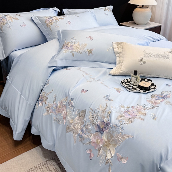 91家纺网 家纺一手货源 找家纺 春夏新品高档礼盒装50*50S贡缎长绒棉刺绣花四件套100%纯棉全棉床单床笠款量大价优 蒂芙尼蓝-花莳-A类长绒棉高级床品