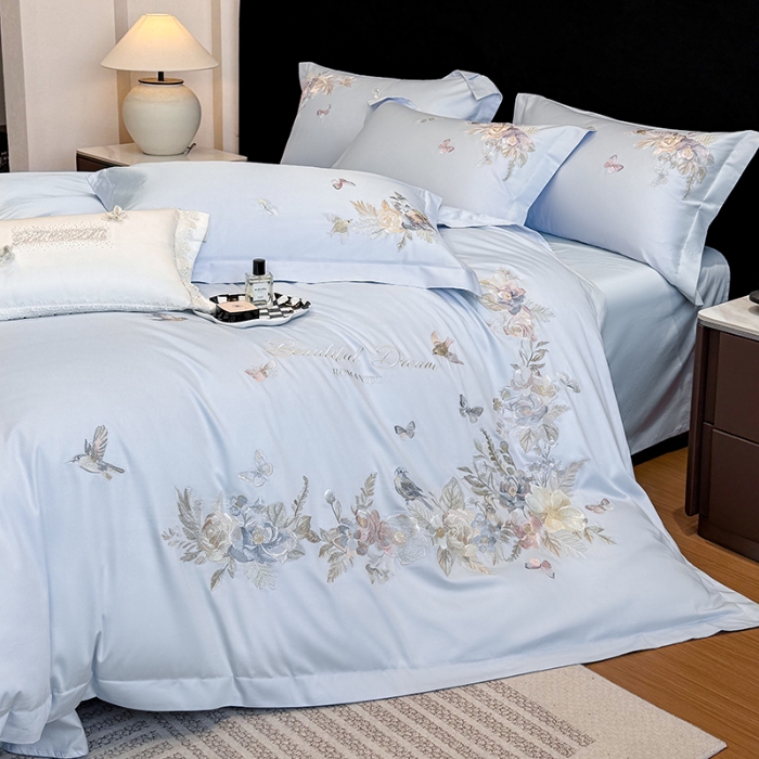 91家纺网 家纺一手货源 找家纺 春夏新品高档礼盒装50*50S贡缎长绒棉刺绣花四件套100%纯棉全棉床单床笠款量大价优 蒂芙尼蓝-花莳-A类长绒棉高级床品