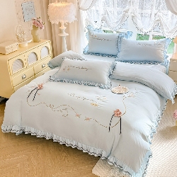91家纺网 家纺一手货源 找家纺 （总）专柜品质苏米娜家纺2026春夏韩版法式公主风水洗棉床盖款多功能二合一被套 夏被床盖四件套--花颜系列,花颜-樱花粉 ,花颜-梦幻蓝 ,花颜-奶油白, 花颜-嫩芽绿 ,花颜-香芋紫