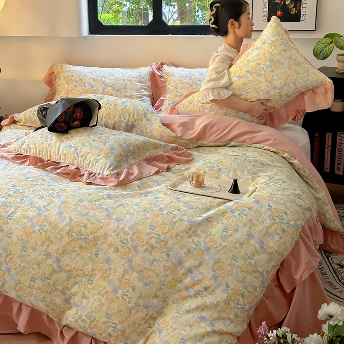 91家纺网 家纺一手货源 找家纺 （总）2026高端韩版法式荷叶边印花纯棉全棉双层纱四件套复古赫本公主风少女花边全棉纯棉双层纱四件套