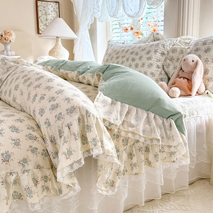 91家纺网 家纺一手货源 找家纺 （总）总）苏米娜2024春夏A类小清新双层泡泡纱床盖三件套纯棉全棉双层纱棉麻床盖