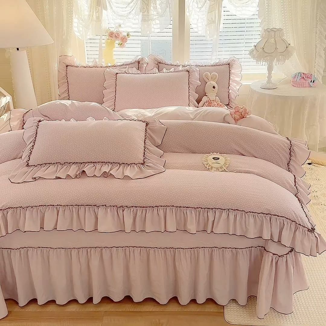 91家纺网 家纺一手货源 找家纺 （总）苏米娜2026春夏新品韩版公主风超柔水洗棉床盖四件套刺绣针织棉双层纱纯棉棉麻全棉公主风床盖款四件套