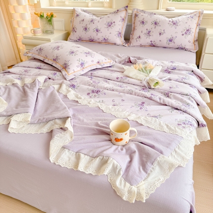 91家纺网 家纺一手货源 找家纺 2022苏东来花卉刺绣水洗真丝四件套纯色冰丝水洗色织全棉夏被 盛开 湖蓝