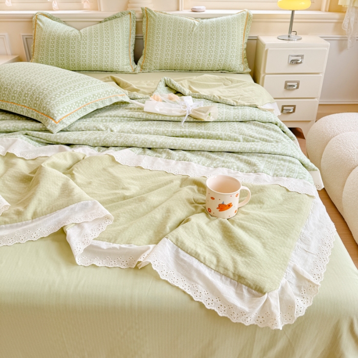 91家纺网 家纺一手货源 找家纺 【苏东来】2026小清新韩版印花蕾丝花边皱皱棉工艺款拼接单夏被四件套韩式赫本碎花仙女荷叶边夏凉被子空调被双人春秋被可水洗 香草