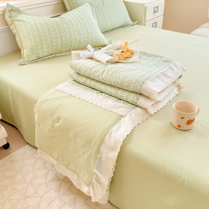 91家纺网 家纺一手货源 找家纺 【苏东来】2026小清新韩版印花蕾丝花边皱皱棉工艺款拼接单夏被四件套韩式赫本碎花仙女荷叶边夏凉被子空调被双人春秋被可水洗 香草