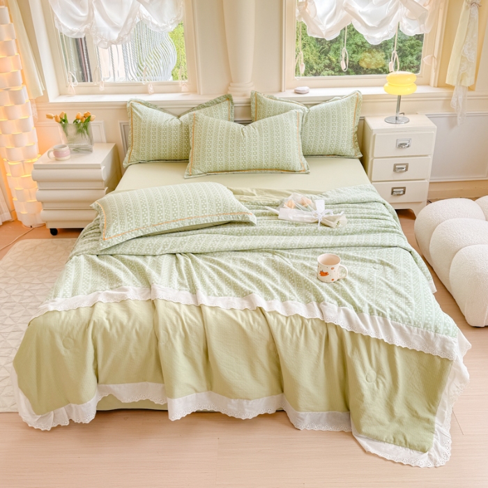 91家纺网 家纺一手货源 找家纺 【苏东来】2026小清新韩版印花蕾丝花边皱皱棉工艺款拼接单夏被四件套韩式赫本碎花仙女荷叶边夏凉被子空调被双人春秋被可水洗 香草