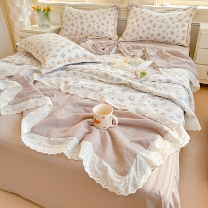 【苏东来】2026小清新韩版印花蕾丝花边皱皱棉工艺款拼接单夏被四件套韩式赫本碎花仙女荷叶边夏凉被子空调被双人春秋被可水洗 花盏 