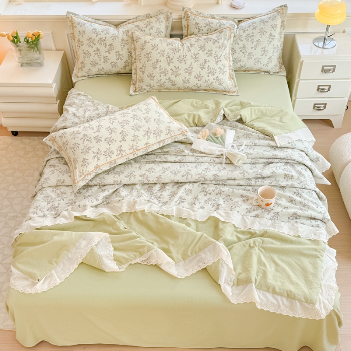 91家纺网 家纺一手货源 找家纺 【苏东来】2026小清新韩版印花蕾丝花边皱皱棉工艺款拼接单夏被四件套韩式赫本碎花仙女荷叶边夏凉被子空调被双人春秋被可水洗 清茶