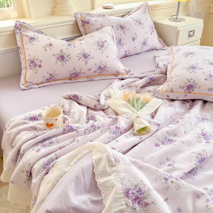 91家纺网 家纺一手货源 找家纺 【苏东来】2026小清新韩版印花蕾丝花边皱皱棉工艺款拼接单夏被四件套韩式赫本碎花仙女荷叶边夏凉被子空调被双人春秋被可水洗 铃萝