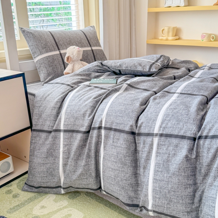 91家纺网 家纺一手货源 找家纺 【疆东】2026简约13372纯棉全棉学生三件套学生季宿舍上下铺全棉纯棉格子印花三件套件单品被套床单 摩登