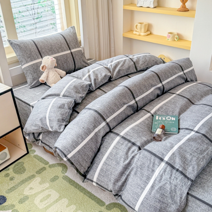 91家纺网 家纺一手货源 找家纺 【疆东】2026简约13372纯棉全棉学生三件套学生季宿舍上下铺全棉纯棉格子印花三件套件单品被套床单 摩登