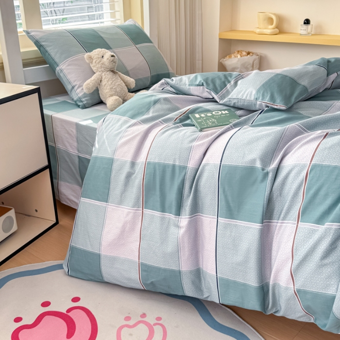 91家纺网 家纺一手货源 找家纺 【疆东】2026简约13372纯棉全棉学生三件套学生季宿舍上下铺全棉纯棉格子印花三件套件单品被套床单 雪松