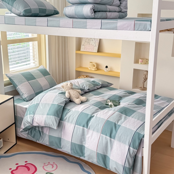 91家纺网 家纺一手货源 找家纺 【疆东】2026简约13372纯棉全棉学生三件套学生季宿舍上下铺全棉纯棉格子印花三件套件单品被套床单 雪松