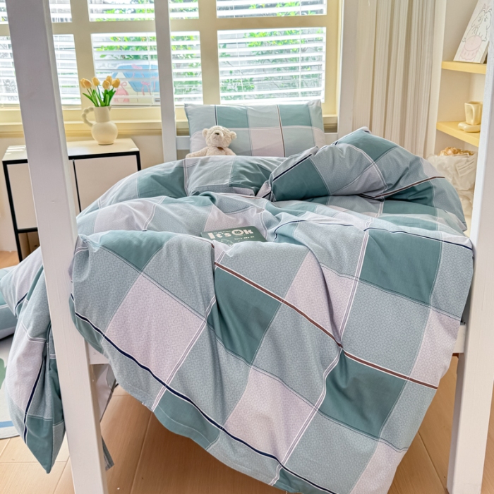 91家纺网 家纺一手货源 找家纺 【疆东】2026简约13372纯棉全棉学生三件套学生季宿舍上下铺全棉纯棉格子印花三件套件单品被套床单 雪松