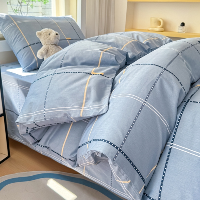 91家纺网 家纺一手货源 找家纺 【疆东】2026简约13372纯棉全棉学生三件套学生季宿舍上下铺全棉纯棉格子印花三件套件单品被套床单 莫兰迪