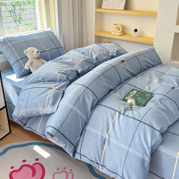 91家纺网 家纺一手货源 找家纺 【疆东】2026简约13372纯棉全棉学生三件套学生季宿舍上下铺全棉纯棉格子印花三件套件单品被套床单 莫兰迪