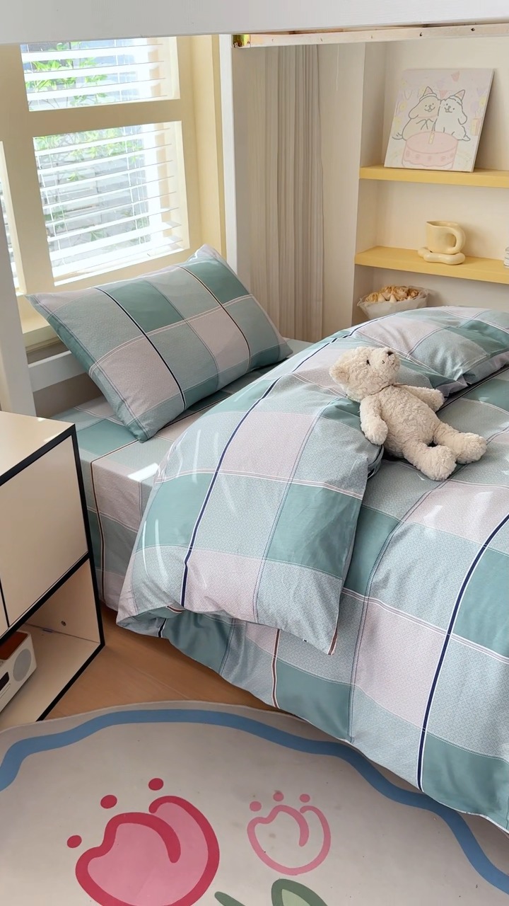 91家纺网 家纺一手货源 找家纺 【疆东】2026简约13372纯棉全棉学生三件套学生季宿舍上下铺全棉纯棉格子印花三件套件单品被套床单 雪松