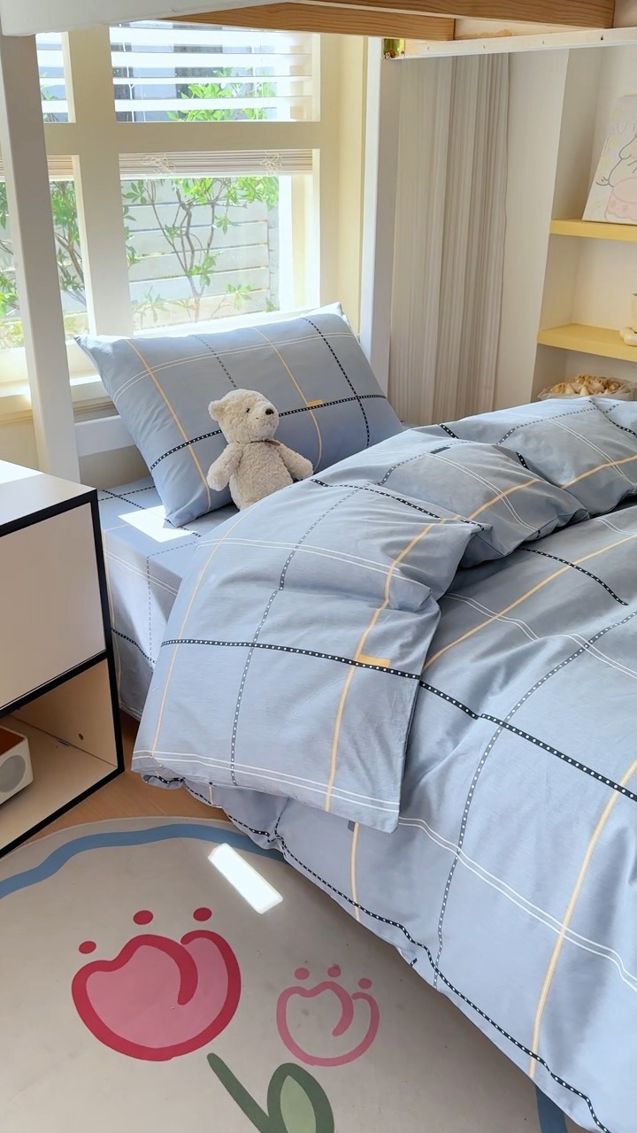 91家纺网 家纺一手货源 找家纺 【疆东】2026简约13372纯棉全棉学生三件套学生季宿舍上下铺全棉纯棉格子印花三件套件单品被套床单 莫兰迪