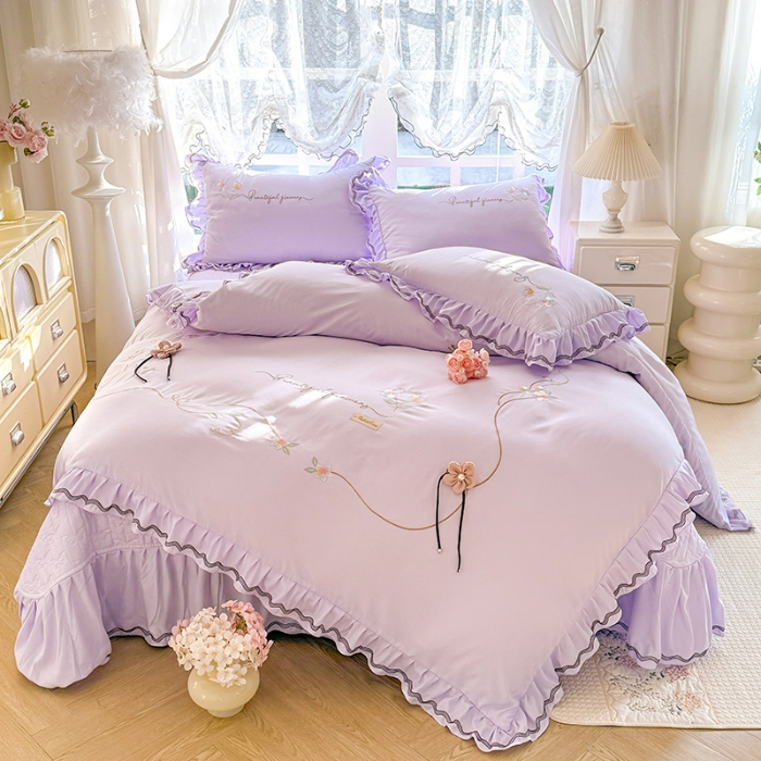 91家纺网 家纺一手货源 找家纺 （总）（总）专柜品质苏米娜家纺2026春夏韩版法式公主风水洗棉床盖款多功能二合一被套 夏被床盖四件套--花颜系列