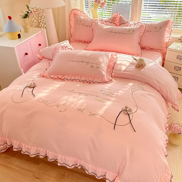 91家纺网 家纺一手货源 找家纺 （总）专柜品质苏米娜家纺2026春夏韩版法式公主风水洗棉床盖款多功能二合一被套 夏被床盖四件套--花颜系列 花颜-樱花粉 