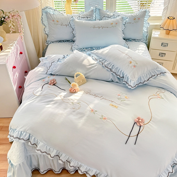 91家纺网 家纺一手货源 找家纺 （总）专柜品质苏米娜家纺2026春夏韩版法式公主风水洗棉床盖款多功能二合一被套 夏被床盖四件套--花颜系列 花颜-梦幻蓝 