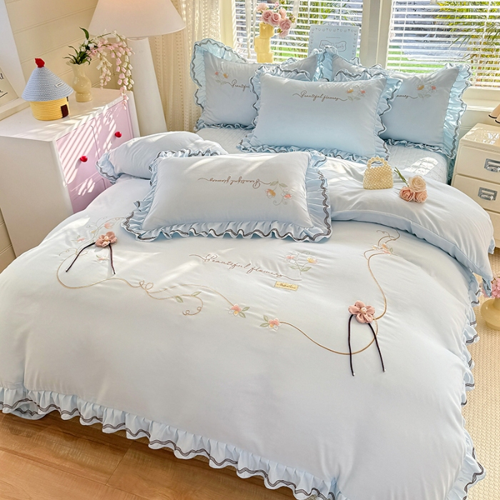 91家纺网 家纺一手货源 找家纺 （总）专柜品质苏米娜家纺2026春夏韩版法式公主风水洗棉床盖款多功能二合一被套 夏被床盖四件套--花颜系列 花颜-梦幻蓝 