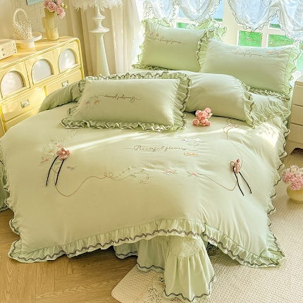 （总）专柜品质苏米娜家纺2026春夏韩版法式公主风水洗棉床盖款多功能二合一被套 夏被床盖四件套--花颜系列 花颜-嫩芽绿 