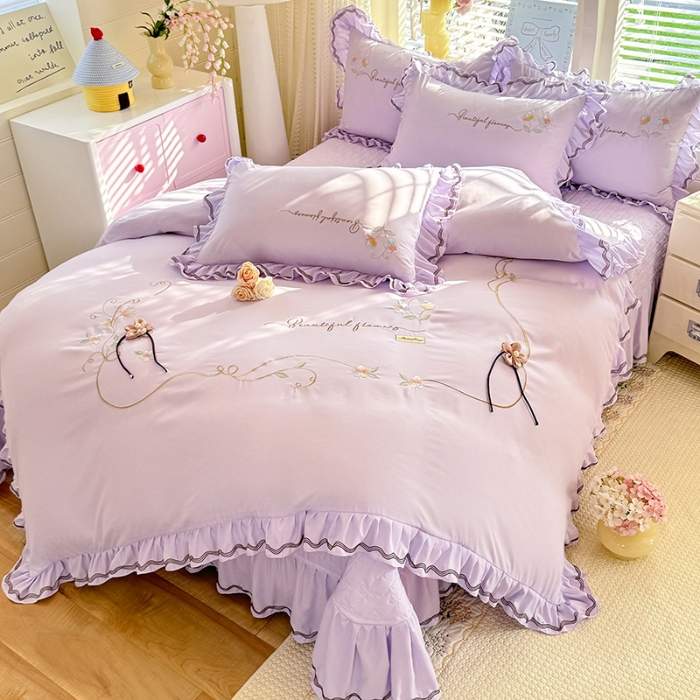 91家纺网 家纺一手货源 找家纺 （总）专柜品质苏米娜家纺2026春夏韩版法式公主风水洗棉床盖款多功能二合一被套 夏被床盖四件套--花颜系列 花颜-香芋紫