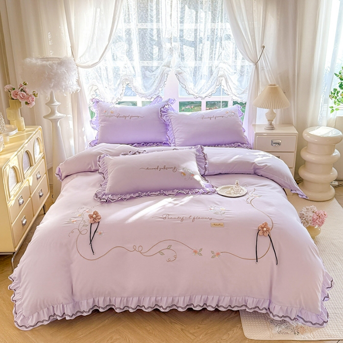 91家纺网 家纺一手货源 找家纺 （总）专柜品质苏米娜家纺2026春夏韩版法式公主风水洗棉床盖款多功能二合一被套 夏被床盖四件套--花颜系列 花颜-香芋紫