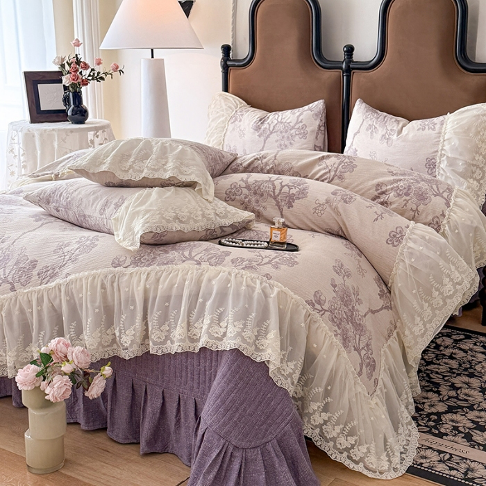 91家纺网 家纺一手货源 找家纺 漫布云2026春夏新款法式复古双层花边大蕾丝水洗棉亚麻床盖款四件套全棉纯棉印花小碎花四件套 普罗旺斯