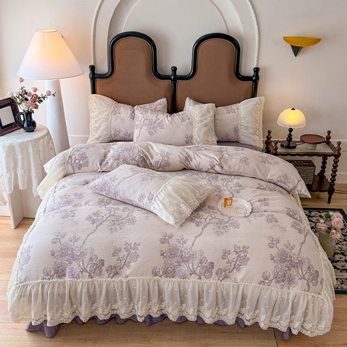 91家纺网 家纺一手货源 找家纺 漫布云2026春夏新款法式复古双层花边大蕾丝水洗棉亚麻床盖款四件套全棉纯棉印花小碎花四件套 普罗旺斯