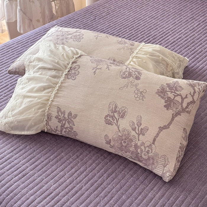 91家纺网 家纺一手货源 找家纺 漫布云2026春夏新款法式复古双层花边大蕾丝水洗棉亚麻床盖款四件套全棉纯棉印花小碎花四件套 普罗旺斯