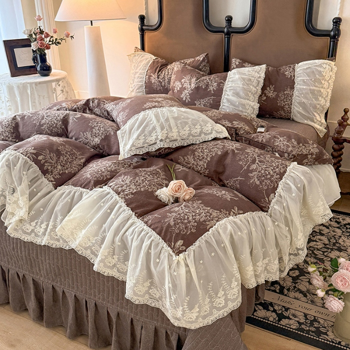 91家纺网 家纺一手货源 找家纺 漫布云2026春夏新款法式复古双层花边大蕾丝水洗棉亚麻床盖款四件套全棉纯棉印花小碎花四件套 罗拉 