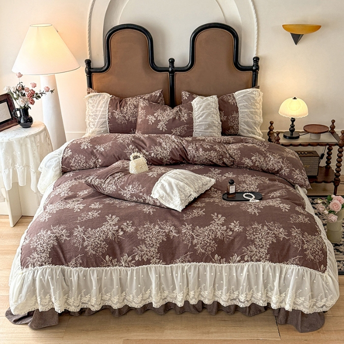 91家纺网 家纺一手货源 找家纺 漫布云2026春夏新款法式复古双层花边大蕾丝水洗棉亚麻床盖款四件套全棉纯棉印花小碎花四件套 罗拉 