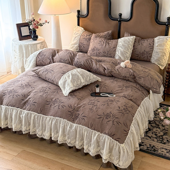 91家纺网 家纺一手货源 找家纺 漫布云2026春夏新款法式复古双层花边大蕾丝水洗棉亚麻床盖款四件套全棉纯棉印花小碎花四件套 金枝玉叶 