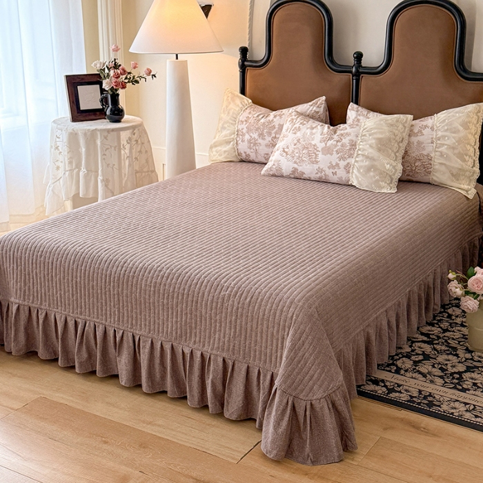 91家纺网 家纺一手货源 找家纺 漫布云2026春夏新款法式复古双层花边大蕾丝水洗棉亚麻床盖款四件套全棉纯棉印花小碎花四件套 芙琳 