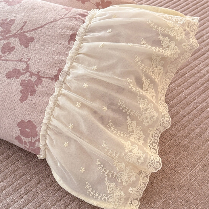 91家纺网 家纺一手货源 找家纺 漫布云2026春夏新款法式复古双层花边大蕾丝水洗棉亚麻床盖款四件套全棉纯棉印花小碎花四件套 粉黛  