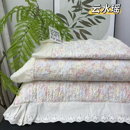 91家纺网 家纺一手货源 找家纺 （总）赫本纯棉床盖三件套 韩国碎花纯棉床盖三件套全棉夹棉床单花边可机洗