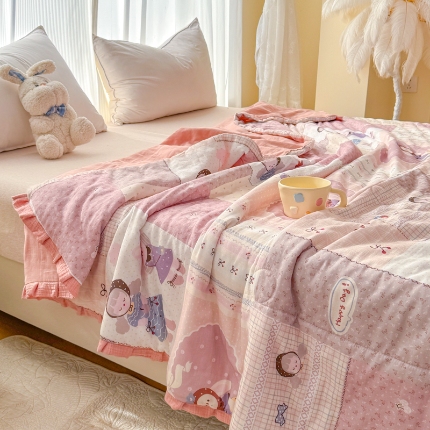 91家纺网 家纺一手货源 找家纺 （总）【疆东】2026高端法式韩版花边A类母婴级印花全棉双层纱单夏被子清新公主风荷叶边纯棉双层纱夏凉被空调被春秋被