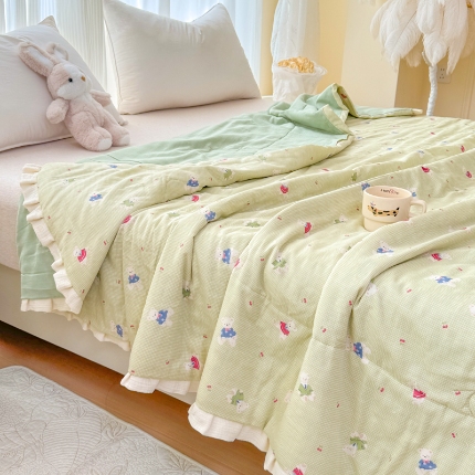 91家纺网 家纺一手货源 找家纺 （总）【疆东】2026高端法式韩版花边A类母婴级印花全棉双层纱单夏被子清新公主风荷叶边纯棉双层纱夏凉被空调被春秋被