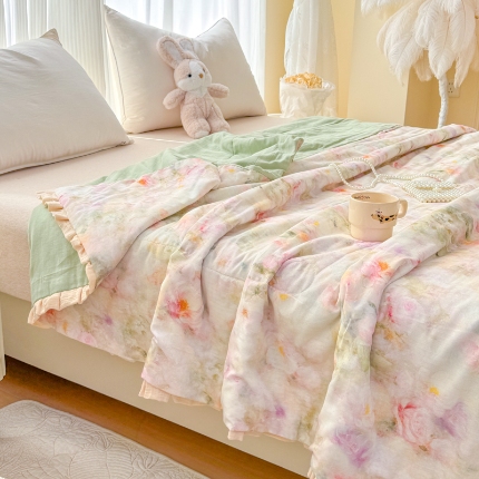 91家纺网 家纺一手货源 找家纺 （总）【疆东】2026高端法式韩版花边A类母婴级印花全棉双层纱单夏被子清新公主风荷叶边纯棉双层纱夏凉被空调被春秋被