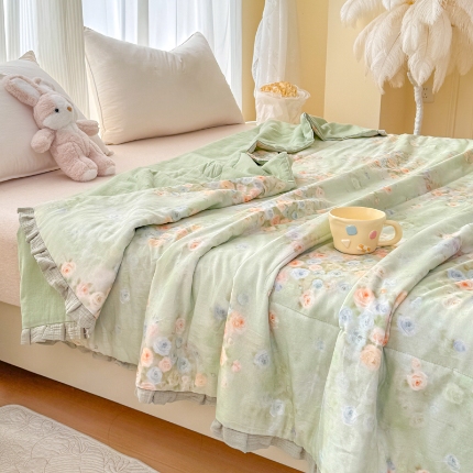 91家纺网 家纺一手货源 找家纺 （总）【疆东】2026高端法式韩版花边A类母婴级印花全棉双层纱单夏被子清新公主风荷叶边纯棉双层纱夏凉被空调被春秋被