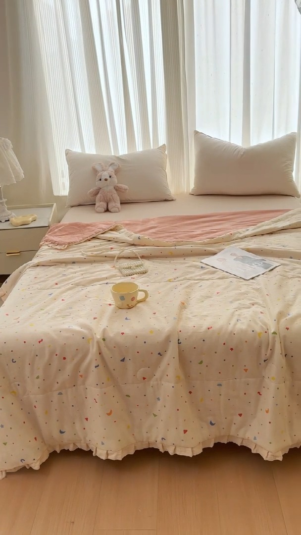 91家纺网 家纺一手货源 找家纺 （总）【疆东】2026高端法式韩版花边A类母婴级印花全棉双层纱单夏被子清新公主风荷叶边纯棉双层纱夏凉被空调被春秋被