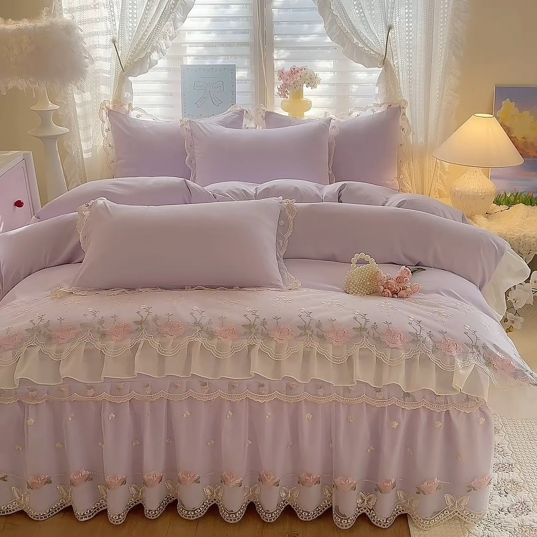 91家纺网 家纺一手货源 找家纺 （总）苏米娜 2026春夏超柔水洗棉床裙款四件套-唯爱系列