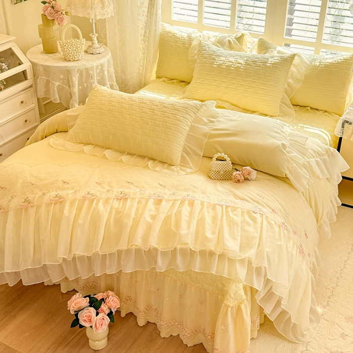 91家纺网 家纺一手货源 找家纺 （总）漫布云2026春夏新品韩版公主风小清新水洗棉床盖四件套针织棉双层纱纯棉棉麻全棉公主风床盖款四件套