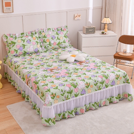 91家纺网 家纺一手货源 找家纺 （总）2026全棉床盖三件套 欧根纱公主风全棉床盖四件套蕾丝花边绗缝夹棉床盖 床裙纯棉单品全棉印花被套枕套